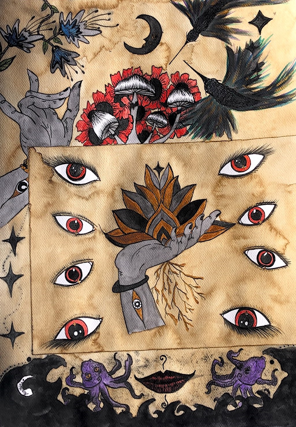 Formas de ver es una composición simbólica que despliega un universo de percepciones expandidas, donde el ojo no solo mira, sino que revela. La multiplicidad de ojos flotantes, la mano que ofrece una flor enraizada, los hongos sagrados, aves en vuelo y seres del mar profundo evocan un estado alterado de conciencia y la conexión entre los planos del alma, la naturaleza y lo invisible. El fondo teñido con tonos tierra y las manchas líquidas evocan el paso del tiempo y la memoria onírica. Esta obra abre preguntas sobre la visión intuitiva, la sabiduría ancestral y los mensajes que nos hablan desde los símbolos, lo vegetal, lo animal y lo arquetípico. La artista invita a reconfigurar la mirada como un acto mágico y sensible.