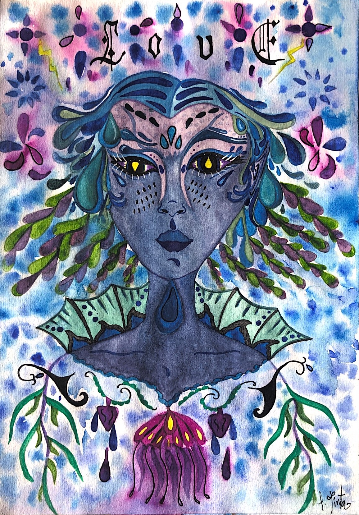 Love 29x21 $300 Este ser onírico encarna el misterio de los sentimientos más profundos y transformadores. La palabra “Love” en la parte superior aparece como una invocación mágica y antigua, como si el amor fuera un conjuro que atraviesa el tiempo. Esta pintura convoca lo etéreo y lo cósmico en armonía con lo terrenal, recordando que amar es abrirse a una dimensión espiritual que nos transforma.