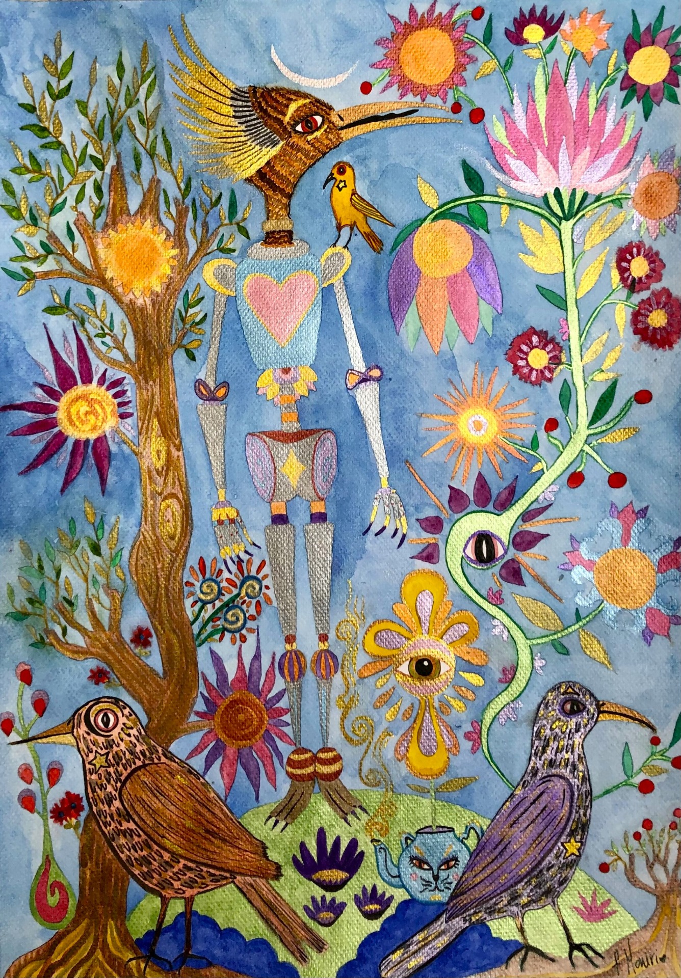 Iluminación Alquímica 42x29,5 $500 Es una pintura que nos sumerge en un mundo de sabiduría espiritual y transmutación interior a través del lenguaje simbólico de la naturaleza. La figura central, un ser alquímico con corazón luminoso y cabeza de ave, se erige como guía entre dimensiones, rodeado de árboles que arden en soles, flores con ojos visionarios y aves que cantan la verdad sutil del alma. La obra despliega un jardín visionario en el que los pájaros, símbolos de la libertad del espíritu, custodian la conexión entre el cielo y la tierra. Las formas oníricas, los colores vibrantes y los elementos místicos invitan al espectador a adentrarse en un paisaje del inconsciente, donde florece la alquimia entre la materia y el éter creativo.